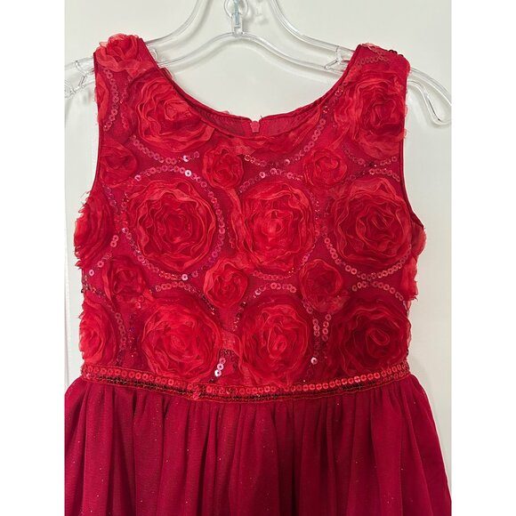 Red Girls Sleeveless Dress With Rosette & Sequin Details Tulle Skirt Back Zip Si - Picture 3 of 10